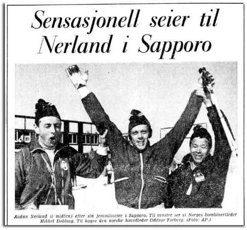 Faksimile Aftenposten 12.2.1971 - "Sensasjonell seier til Nerland i Sapporo"