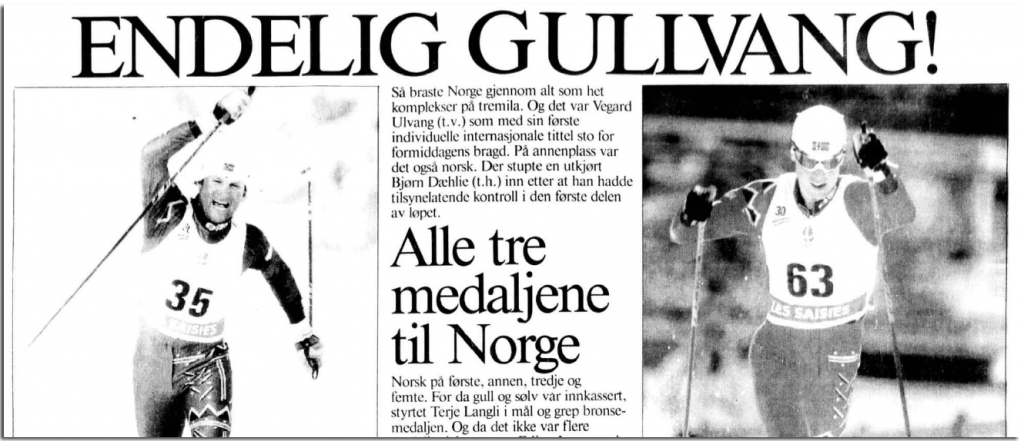 Faksimile Aftenposten Aften 10.2.1992 - Vegard Ulvang vinner OL-gull i Albertville.