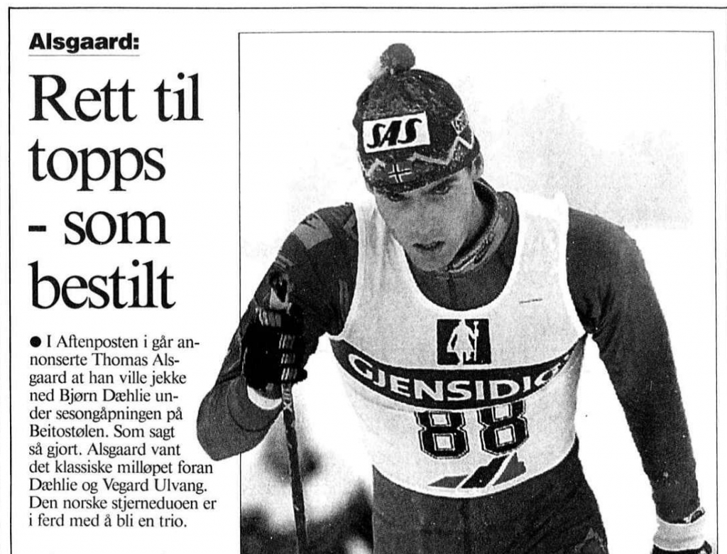 Faksimile Aftenposten 21.11.1993 - unggutten Thomas Alsgaard vinner sesongåpningen på Beitostølen.