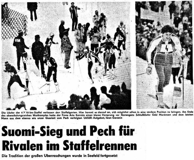 Faksimile Neues Deutschland 12.2.1976 - "Seier til Finland og uhell for konkurrentene i stafettrennet"