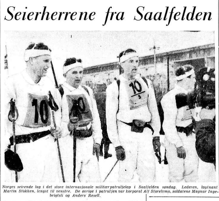 Faksimile Aftenposten 1.3.1960 – Det norske laget som vant det militære patruljeløpet under det militære ski-VM i Saalfelden i 1960. Lederen av patruljen, løytnant Martin Stokken, er lengst til venstre i bildet.