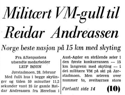 Faksimile Aftenposten 28.2.1968 – Reidar Andreassen fra Herefoss i Aust-Agder vant 15 km med skyting under militært ski-VM på Jørstadmoen ved Lillehammer i 1968.