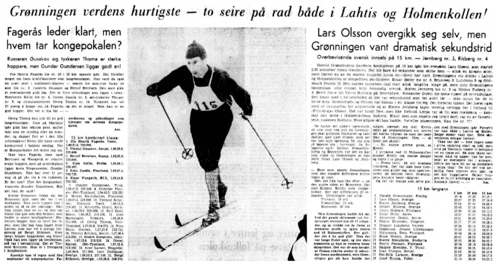 Faksimile Aftenposten 11. mars 1961 – Grønningen hylles etter å ha vunnet 15 km både i Lahti og Holmenkollen to år på rad.