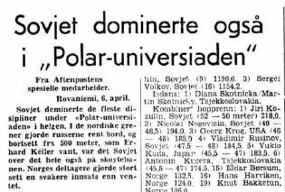 Faksimile Aftenposten Aften 6.4.1970. Aftenposten fokuserer på Sovjets dominans og at Norges deltagere stort sett gjorde det svakere enn ventet. Sovjet vant 13 av 24 øvelser i Rovaniemi, inkludert 5 av 6 øvelser i de nordiske skidisipliner.
