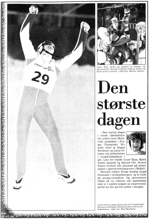 Faksimile Stavanger Aftenblad 26.2.1994. Overskriften er "Den største dagen"