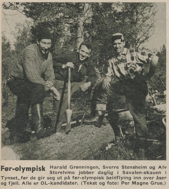 Faksimile Aktuell nr 42/1963. Bildet viser Harald Grønningen, Alf Storelvmo og Sverre Stensheim som tømmerhoggere ved Savalen.
