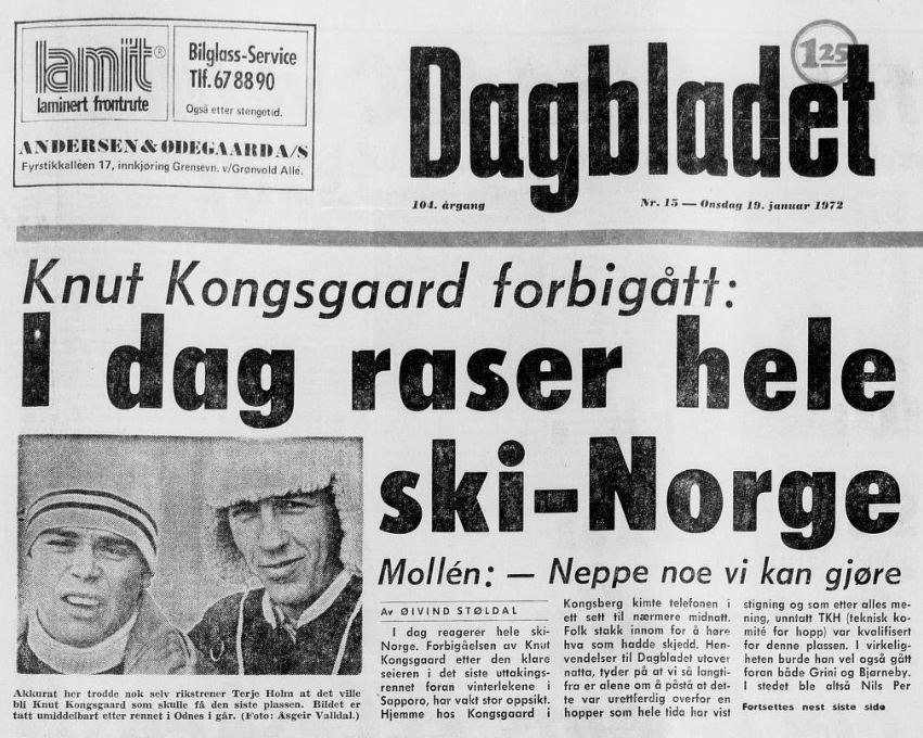 Faksimile Dagbladet 19. januar 1972 - "Knut Kongsgaard forbigått: I dag raser hele ski-Norge"