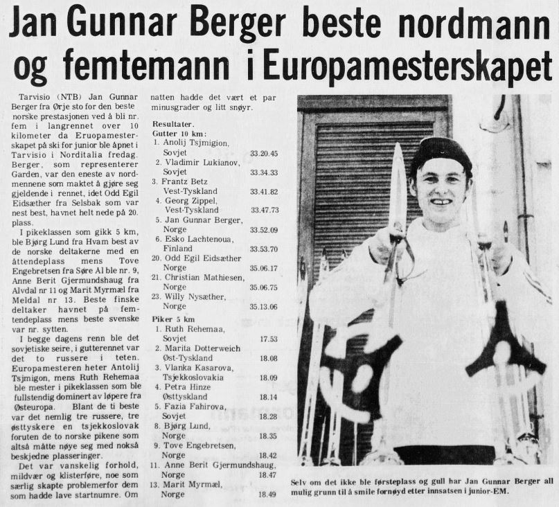 Faksimile Moss Dagblad 26. februar 1972 - Jan Gunnar Berger beste nordmann i EM.