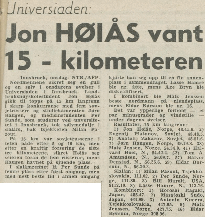 Faksimile Arbeiderbladet 25. januar 1968 - "Jon Høiås vant 15 km"