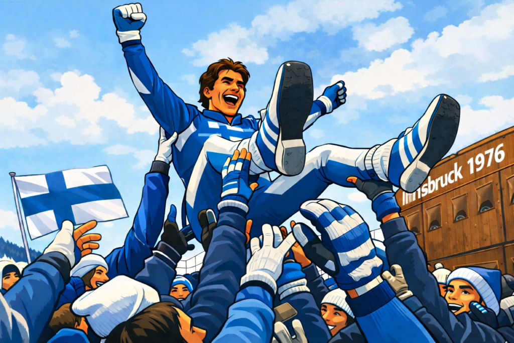 KI-generert bilde av Arto Koivisto som kastes i lufta etter å sikret Finland OL-gull på stafett i 1976.