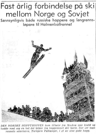 Faksimile Aftenposten 16.1.1954 -Torbjørn Falkanger i et av sine hopp i Moskva.