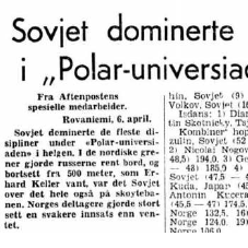 Faksimile Aftenposten Aften 6.4.1970. Aftenposten fokuserer på Sovjets dominans og at Norges deltagere stort sett gjorde det svakere enn ventet. Sovjet vant 13 av 24 øvelser i Rovaniemi, inkludert 5 av 6 øvelser i de nordiske skidisipliner.