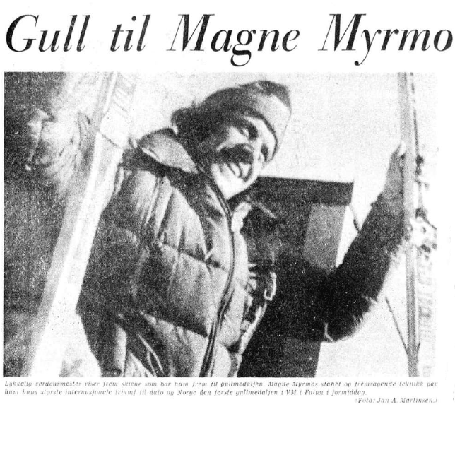 Faksimile Aftenposten Aften 19.2.1974 - Magne Myrmo har vunnet VM-gull på treski